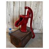 Antique Red Water Pump Mounted on Vintage Crate