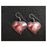 Ladies Red Heart Shaped Cloisonne Dangle Earrings