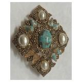 Sarah Cov Pearl & Turquoise Brooch