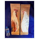 Two Wooden Rooster & Hen Decorative Wall Hangers