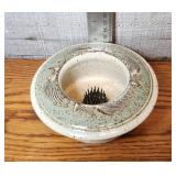 (A) Signed pottery flower holder with metal frog