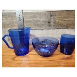 3 Vintage Blue Glass pieces, Hazel Atlas Bowl,