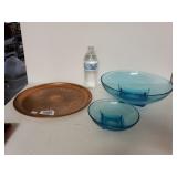 Copper Dish, And Blue Glass Bowls