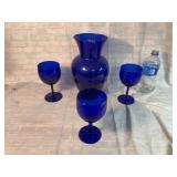 Blue Cobalt Vase & 3 Goblets