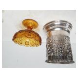 Silver Like Candle Holder, Amber Colored Glass