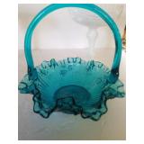 Blue Milk Glass, White Fenton Vase, Basket Bowl