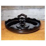 Vintage Ebony glass tidbit tray with handle.