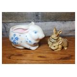 Blue and white bunny planter and  Homco bunny