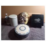 Various Items - Paper Mache Mask, 2 Tins & Cigar