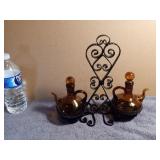 Vintage Amber Glass Cruet Set with Wrought Iron