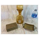 Vintage Amber Decanter, Brass Box & Tray