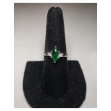 Ladies Silvertone Ring W/emerald Colored Stone -