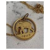 1947 Elephant Coin Necklace Gold Tone