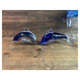 Two Glass Art Dolphin Paperweights