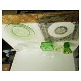 Glass Stemware,  Green Glass Ashtray,  Covered