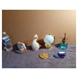 Set of Duck Figures, Plastic Globe, Blue Glass