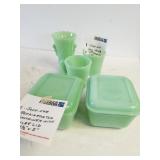 Jadeite Deco vase, Fire King Mugs, Refrigerator