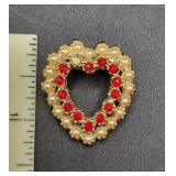 Vintage  faux pearl and red rhinestone heart pin.
