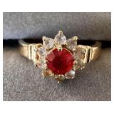 Ladies Gold Tone Ruby Red Clear Stone Ring