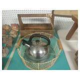 Tea Pot, Metal Basket, Wooden Handled Box