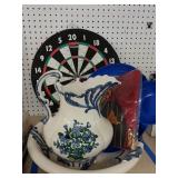 Glass Bowl And Vase, Marines Flag, Dart Board