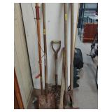 Lot Of 4 Garden Tools - 2 Shovels, Pick Axe, &