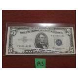 1953B $5 Silver Certificate AU55
