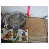 Kitchen- Wood Cutting Board, Metal Pot , Pyrex