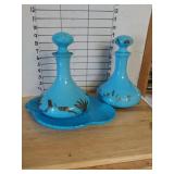 Vintage Blue Glass Decanters And Plate