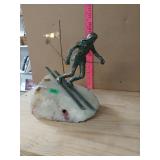 Copper Skier On Quartz Sculpture Signed