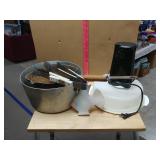 Can Opener, Cake Tupperware, Large Pot, Plates,