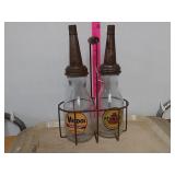 (2) Oil bottles with rack Pennzoil & veedol