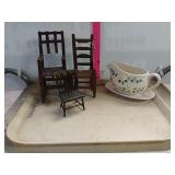 Glass Gravy Boat & Wooden Doll Chairs