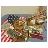 Misc Lot- Basket, Flags, Hunting License & More