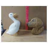 White Ceramic Duck And Ceramic Golden Retriever