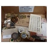 3 Watches, Old Buttons, Old Papers, And Booklets