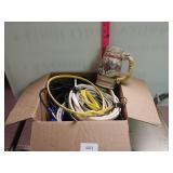 Box Of Misc Cables And Wire, Budweiser Mug