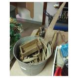 Galvanized Bucket W/ Bolts, Old Wooden Box And