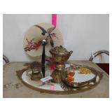 Mirrored Trays W/ Fan, Small Metal Ring Box,