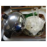 Green Vase, Plates, Tin Bowl