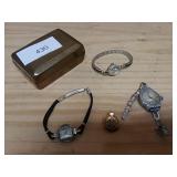 Brass Box, Three Watches And Pin