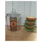Pineapple Bowls & Glass Jar With Owl Cigar Label