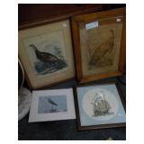 lot of 4 misc prints, 3 bird 1 ship