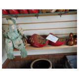 lot of misc items, wooden shoes, frog doll, duck