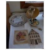 lot of misc items, lamp, plate, trivets