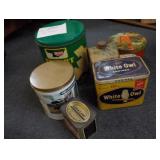 lot of 7 tins, white owl squires, keebler, etc.