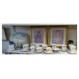 lot of misc glass, cups, saucers, prints & more