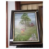 Farm Setting And Little Boy With An Umbrella