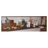 Shelf lot of misc items, neat storage bin, SEE