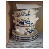 Set of 3 Soup bowls & saucers - blue flower